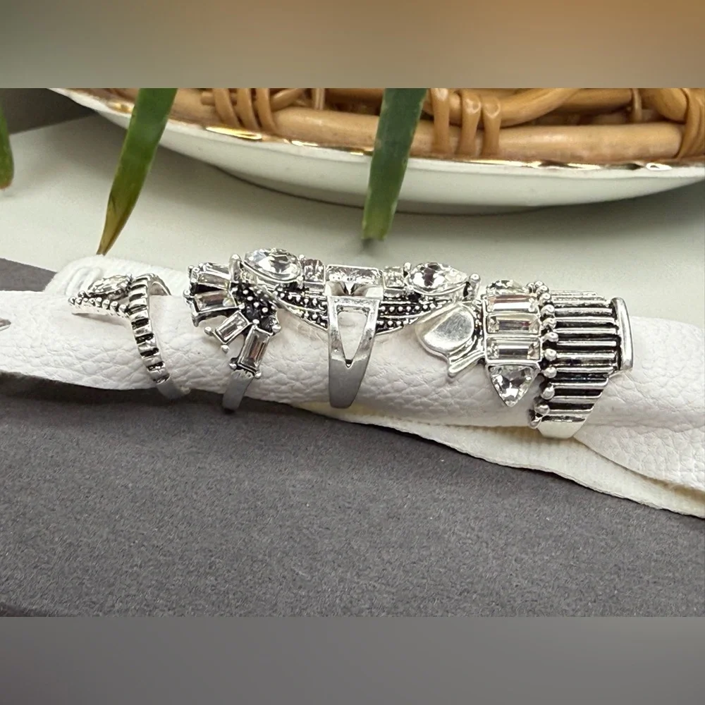 NWT Free People Rhapsody Silver Rhinestone Statement Ring Set Art Deco Stack - Picture 3 of 11